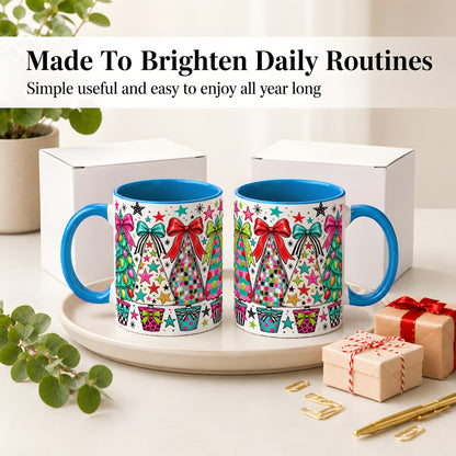 #pl[11oz|Blue] Colorful Bow Christmas Trees Ceramic Mug, Whimsical Holiday Design