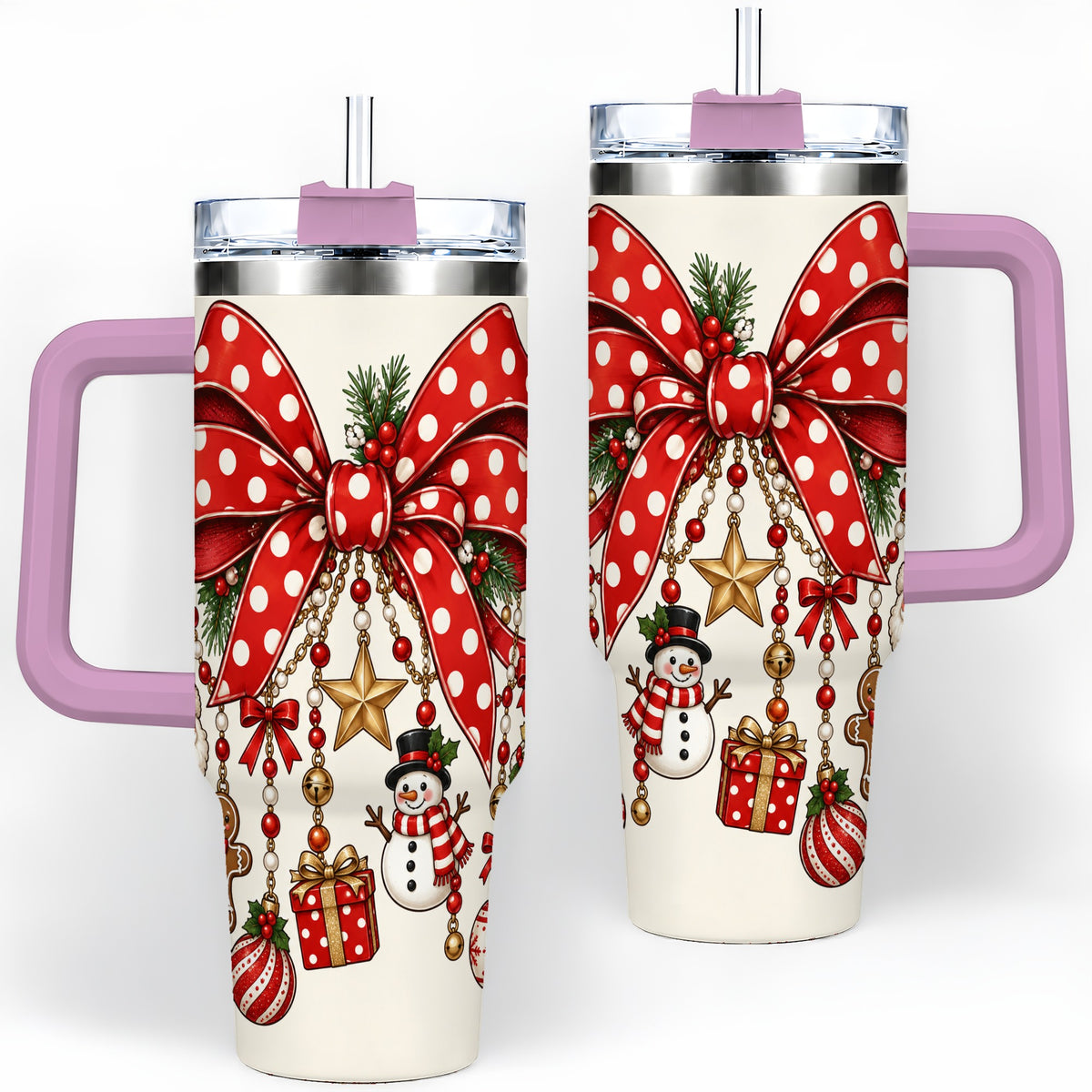 #pl[40oz|Pink] Christmas Bow Charms 40oz Tumbler, Stainless Steel Drinkware
