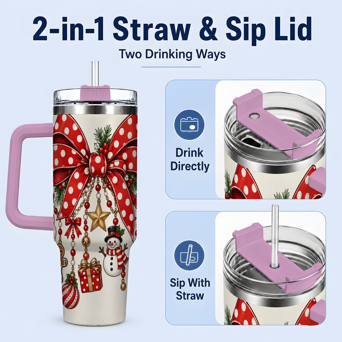 #pl[40oz|Pink] Christmas Bow Charms 40oz Tumbler, Stainless Steel Drinkware