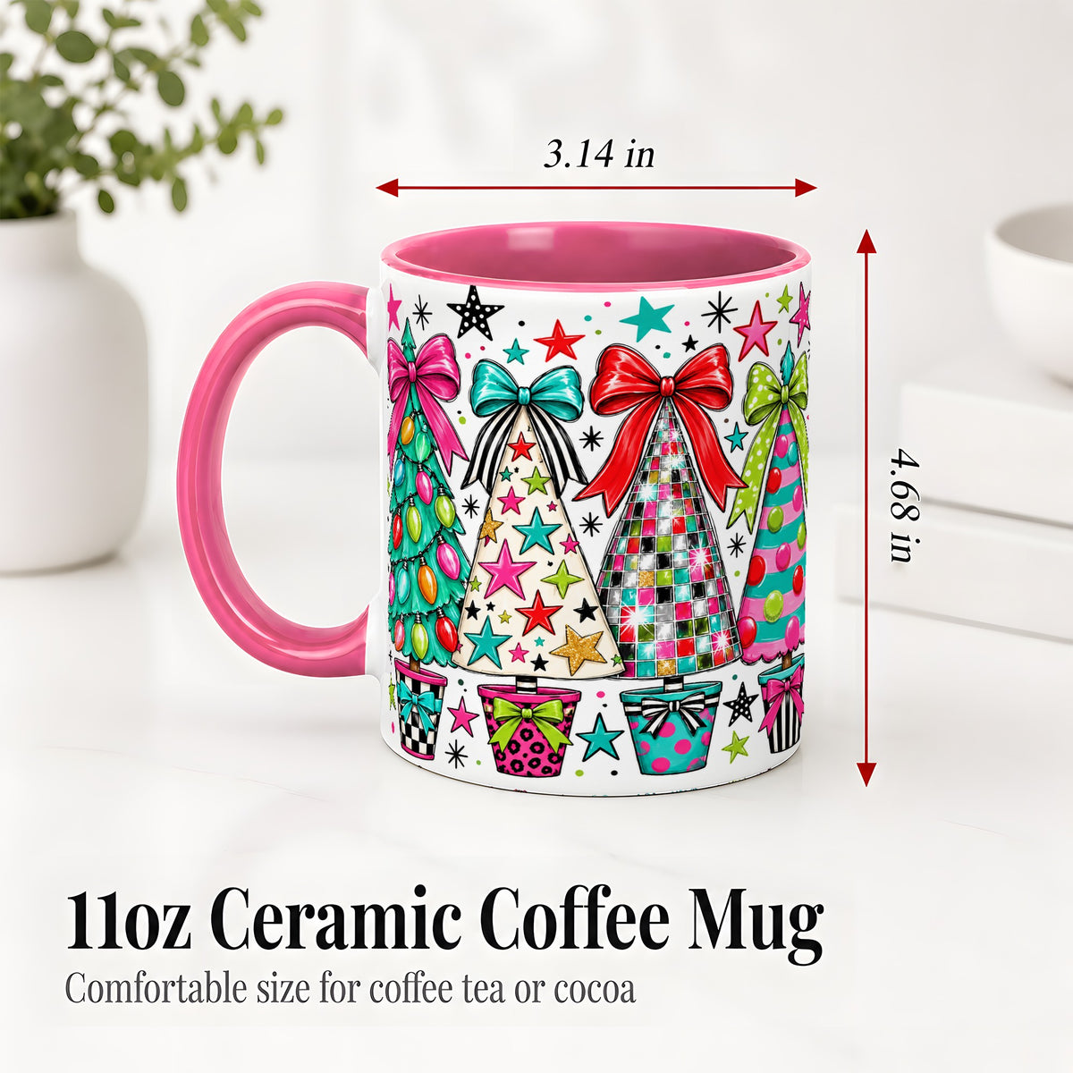 #pl[11oz|Pink] Colorful Bow Christmas Trees Ceramic Mug, Whimsical Holiday Design