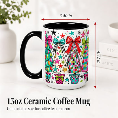 #pl[15oz|Black] Colorful Bow Christmas Trees Ceramic Mug, Whimsical Holiday Design