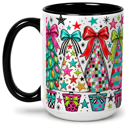#pl[15oz|Black] Colorful Bow Christmas Trees Ceramic Mug, Whimsical Holiday Design