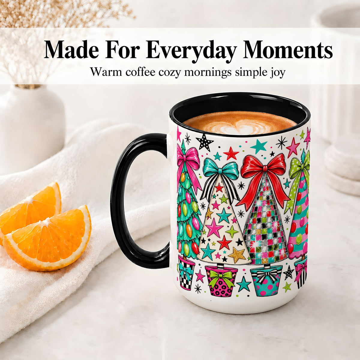 #pl[15oz|Black] Colorful Bow Christmas Trees Ceramic Mug, Whimsical Holiday Design