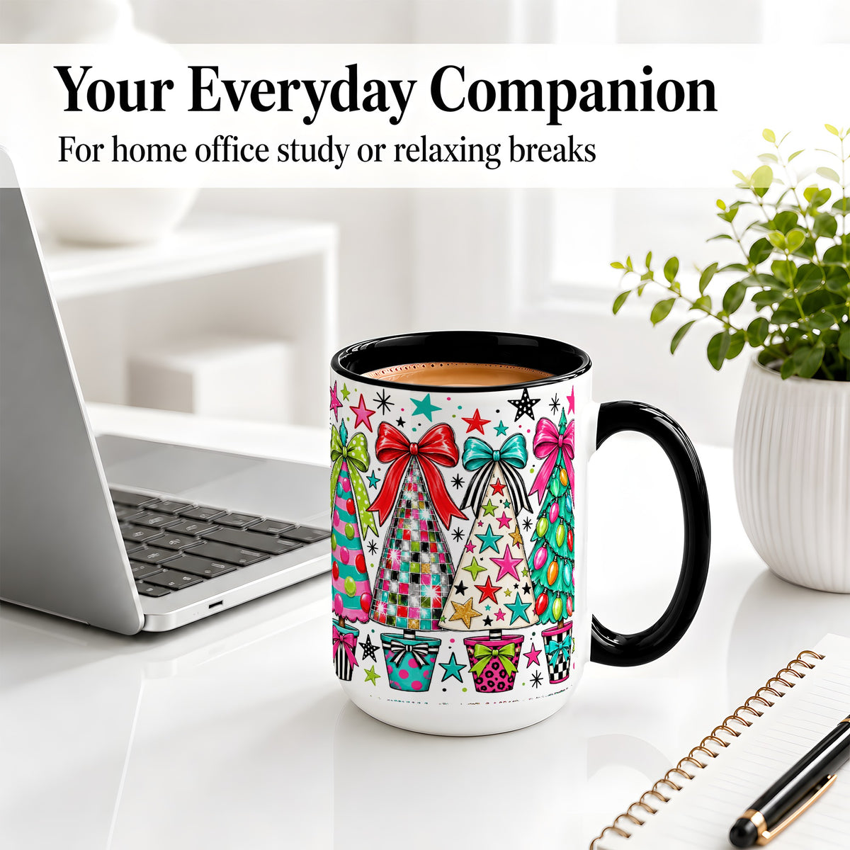 #pl[15oz|Black] Colorful Bow Christmas Trees Ceramic Mug, Whimsical Holiday Design