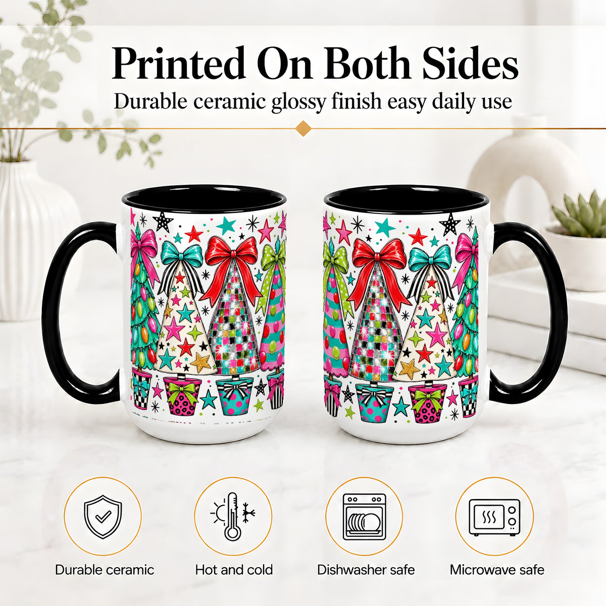 #pl[15oz|Black] Colorful Bow Christmas Trees Ceramic Mug, Whimsical Holiday Design