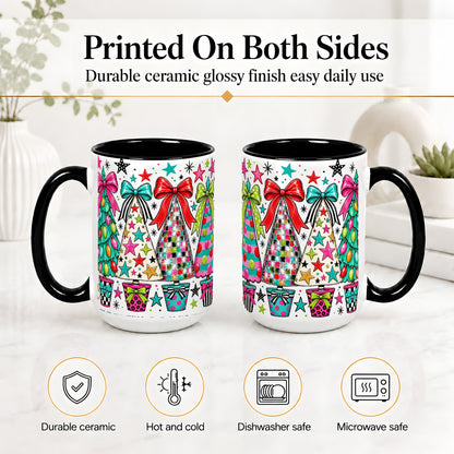 #pl[15oz|Black] Colorful Bow Christmas Trees Ceramic Mug, Whimsical Holiday Design