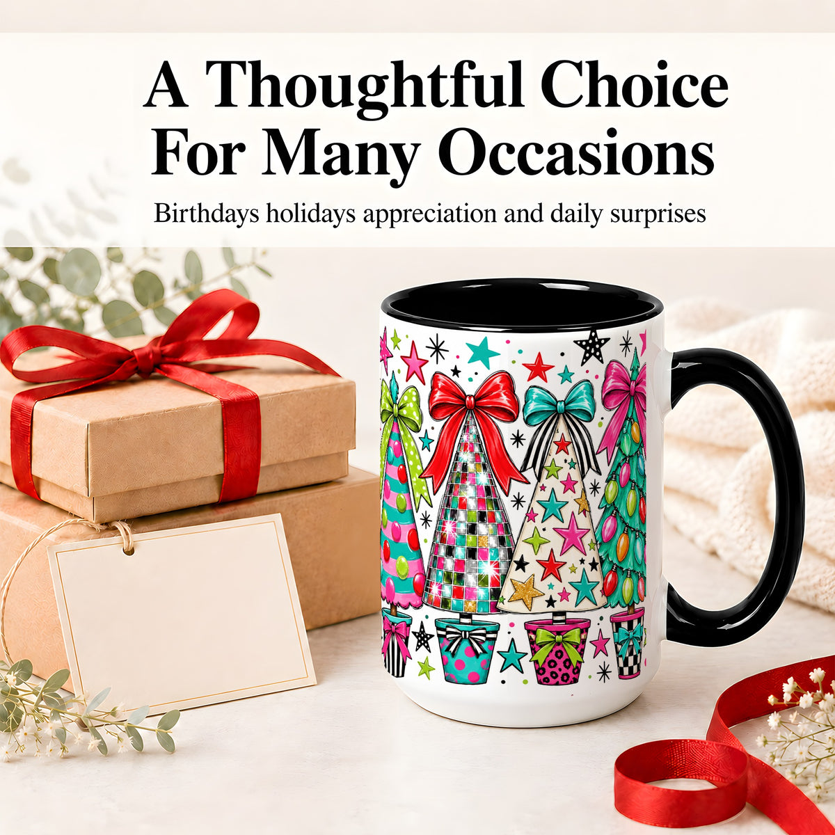 #pl[15oz|Black] Colorful Bow Christmas Trees Ceramic Mug, Whimsical Holiday Design