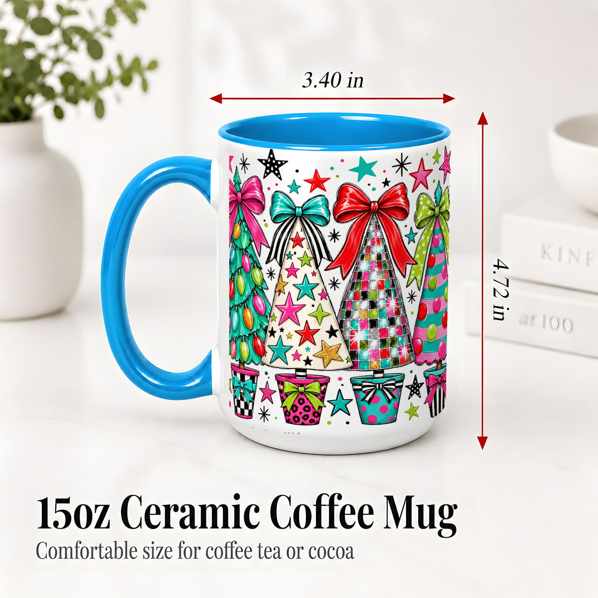 #pl[15oz|Blue] Colorful Bow Christmas Trees Ceramic Mug, Whimsical Holiday Design