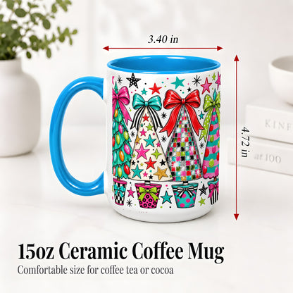 #pl[15oz|Blue] Colorful Bow Christmas Trees Ceramic Mug, Whimsical Holiday Design