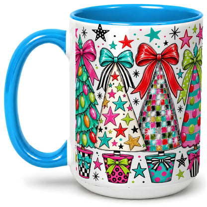 #pl[15oz|Blue] Colorful Bow Christmas Trees Ceramic Mug, Whimsical Holiday Design