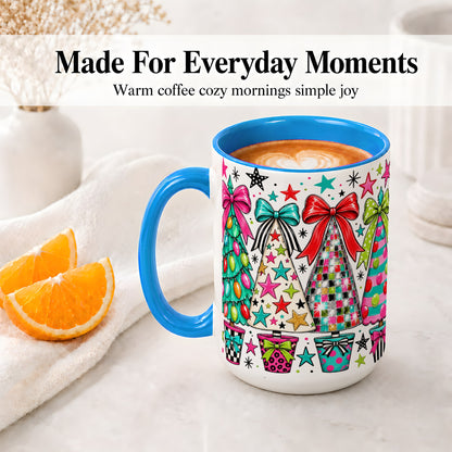 #pl[15oz|Blue] Colorful Bow Christmas Trees Ceramic Mug, Whimsical Holiday Design