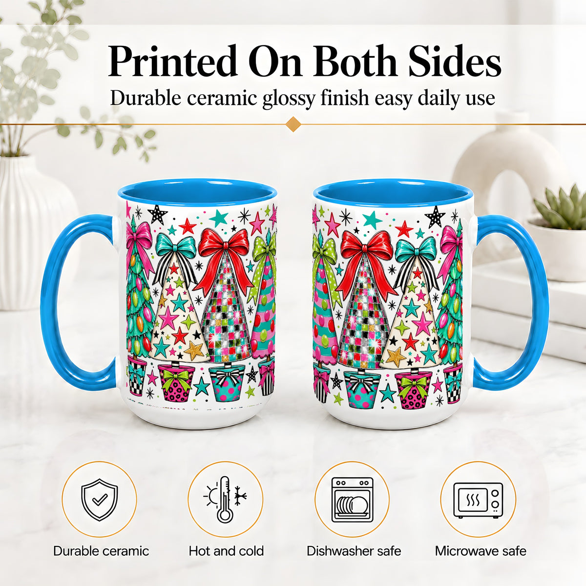 #pl[15oz|Blue] Colorful Bow Christmas Trees Ceramic Mug, Whimsical Holiday Design