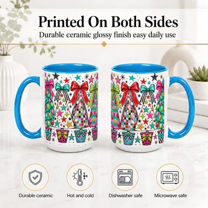 #pl[15oz|Blue] Colorful Bow Christmas Trees Ceramic Mug, Whimsical Holiday Design