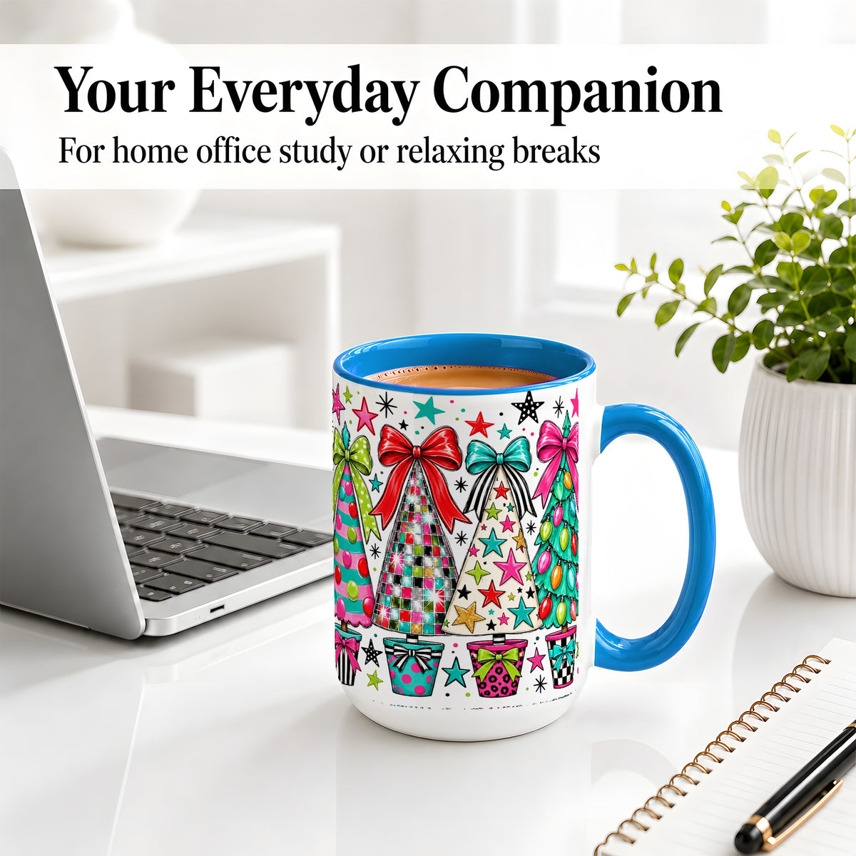 #pl[15oz|Blue] Colorful Bow Christmas Trees Ceramic Mug, Whimsical Holiday Design