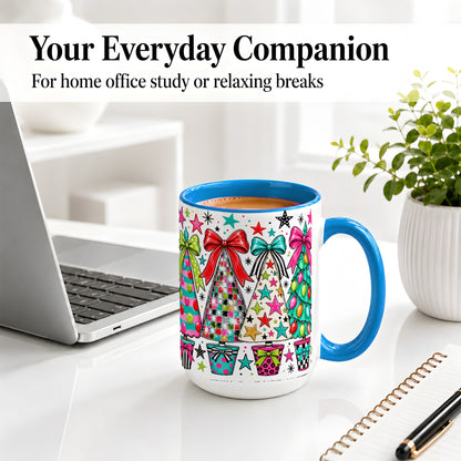 #pl[15oz|Blue] Colorful Bow Christmas Trees Ceramic Mug, Whimsical Holiday Design