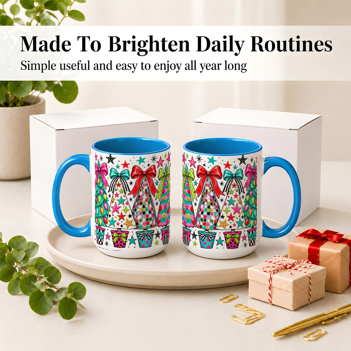 #pl[15oz|Blue] Colorful Bow Christmas Trees Ceramic Mug, Whimsical Holiday Design
