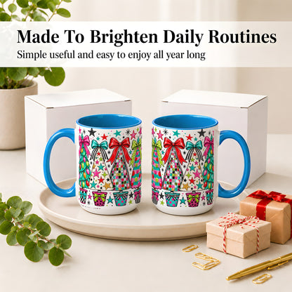 #pl[15oz|Blue] Colorful Bow Christmas Trees Ceramic Mug, Whimsical Holiday Design
