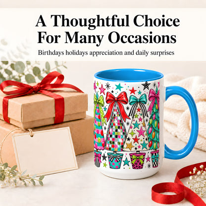 #pl[15oz|Blue] Colorful Bow Christmas Trees Ceramic Mug, Whimsical Holiday Design