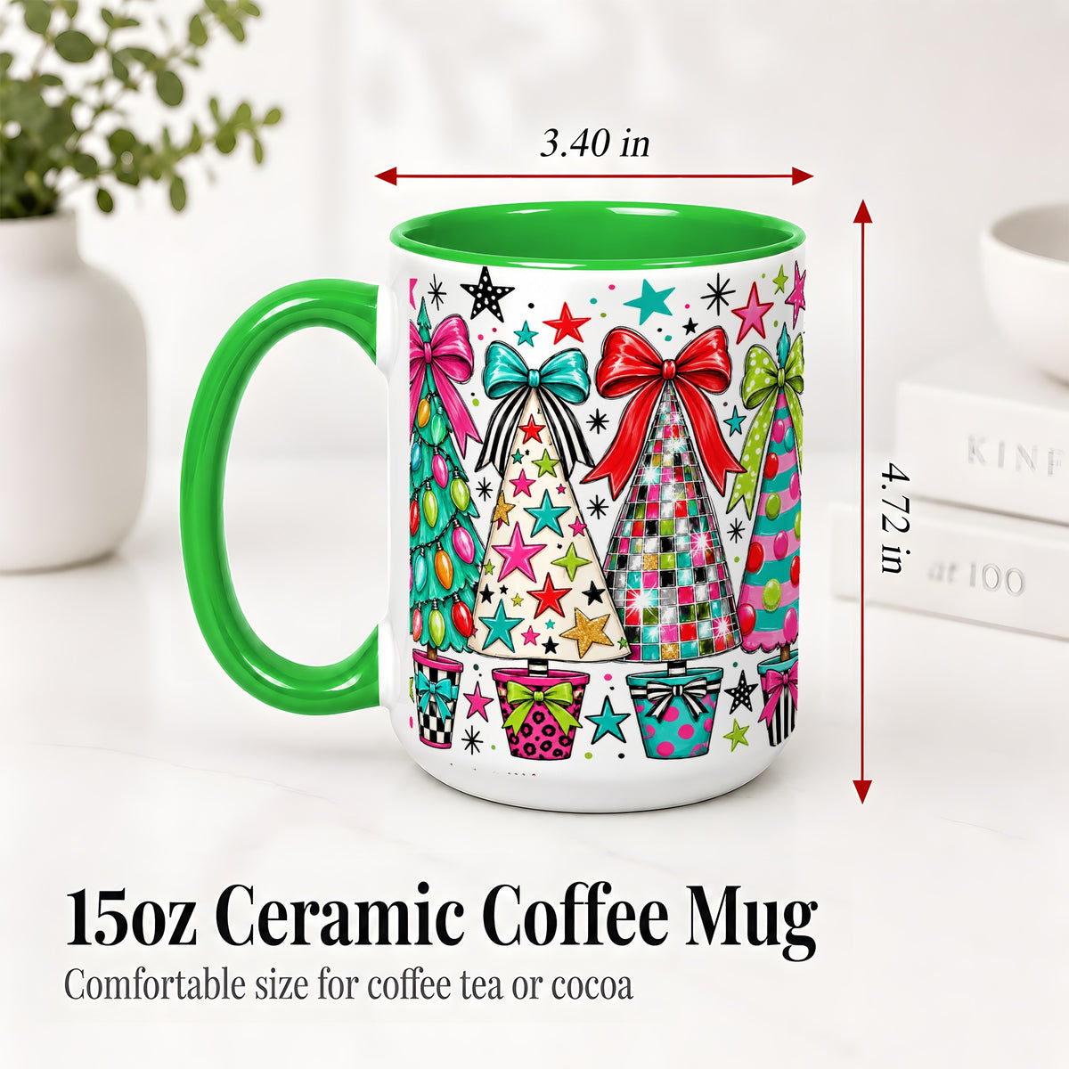 #pl[15oz|Green] Colorful Bow Christmas Trees Ceramic Mug, Whimsical Holiday Design