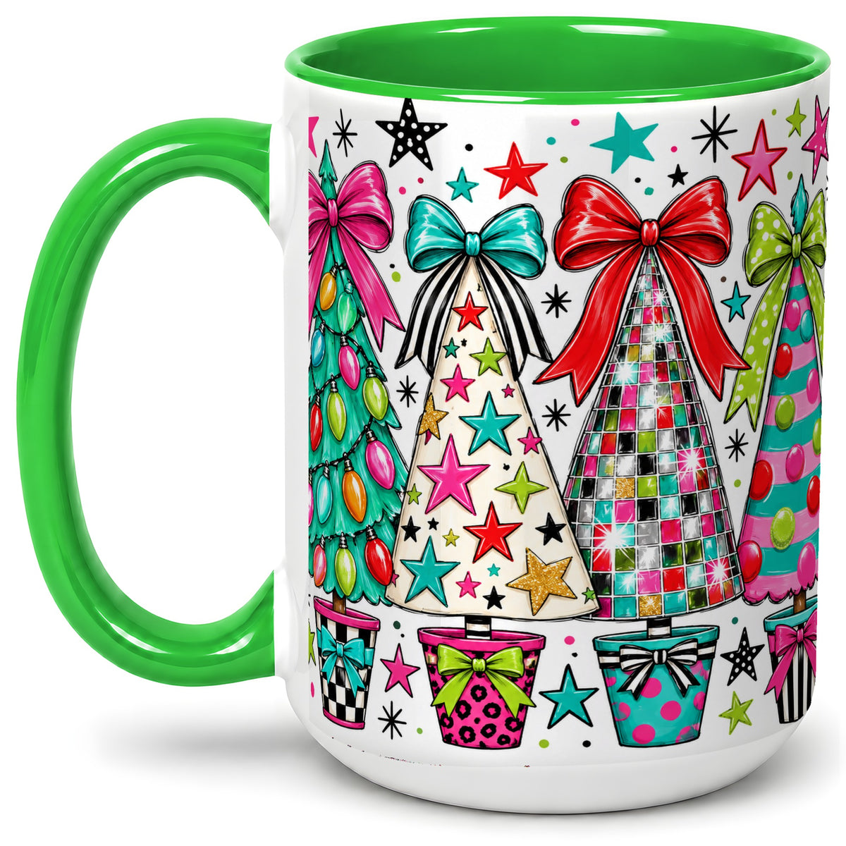 #pl[15oz|Green] Colorful Bow Christmas Trees Ceramic Mug, Whimsical Holiday Design