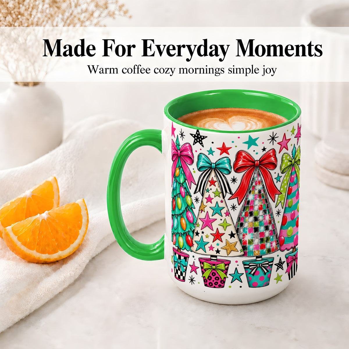 #pl[15oz|Green] Colorful Bow Christmas Trees Ceramic Mug, Whimsical Holiday Design