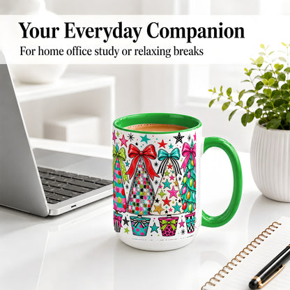 #pl[15oz|Green] Colorful Bow Christmas Trees Ceramic Mug, Whimsical Holiday Design