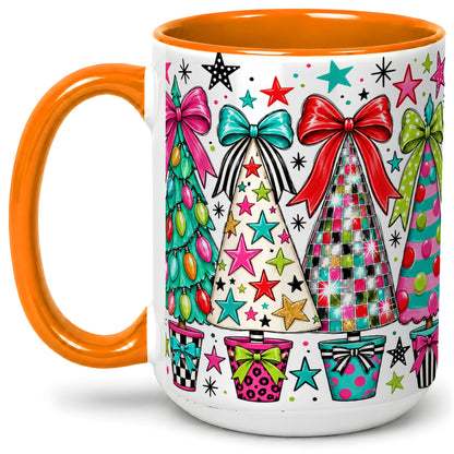 #pl[15oz|Orange] Colorful Bow Christmas Trees Ceramic Mug, Whimsical Holiday Design