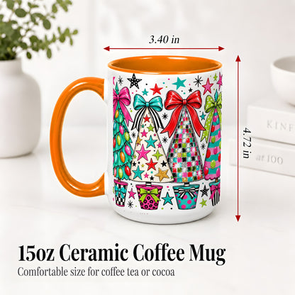 #pl[15oz|Orange] Colorful Bow Christmas Trees Ceramic Mug, Whimsical Holiday Design