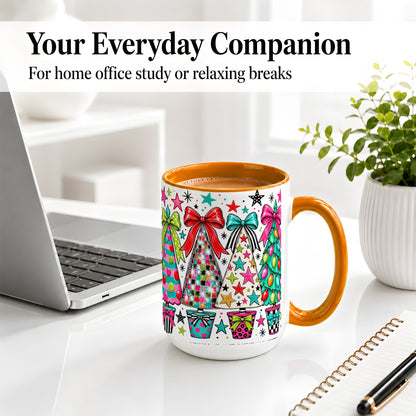 #pl[15oz|Orange] Colorful Bow Christmas Trees Ceramic Mug, Whimsical Holiday Design