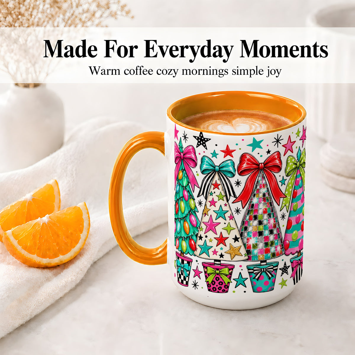 #pl[15oz|Orange] Colorful Bow Christmas Trees Ceramic Mug, Whimsical Holiday Design