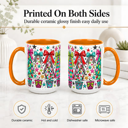 #pl[15oz|Orange] Colorful Bow Christmas Trees Ceramic Mug, Whimsical Holiday Design