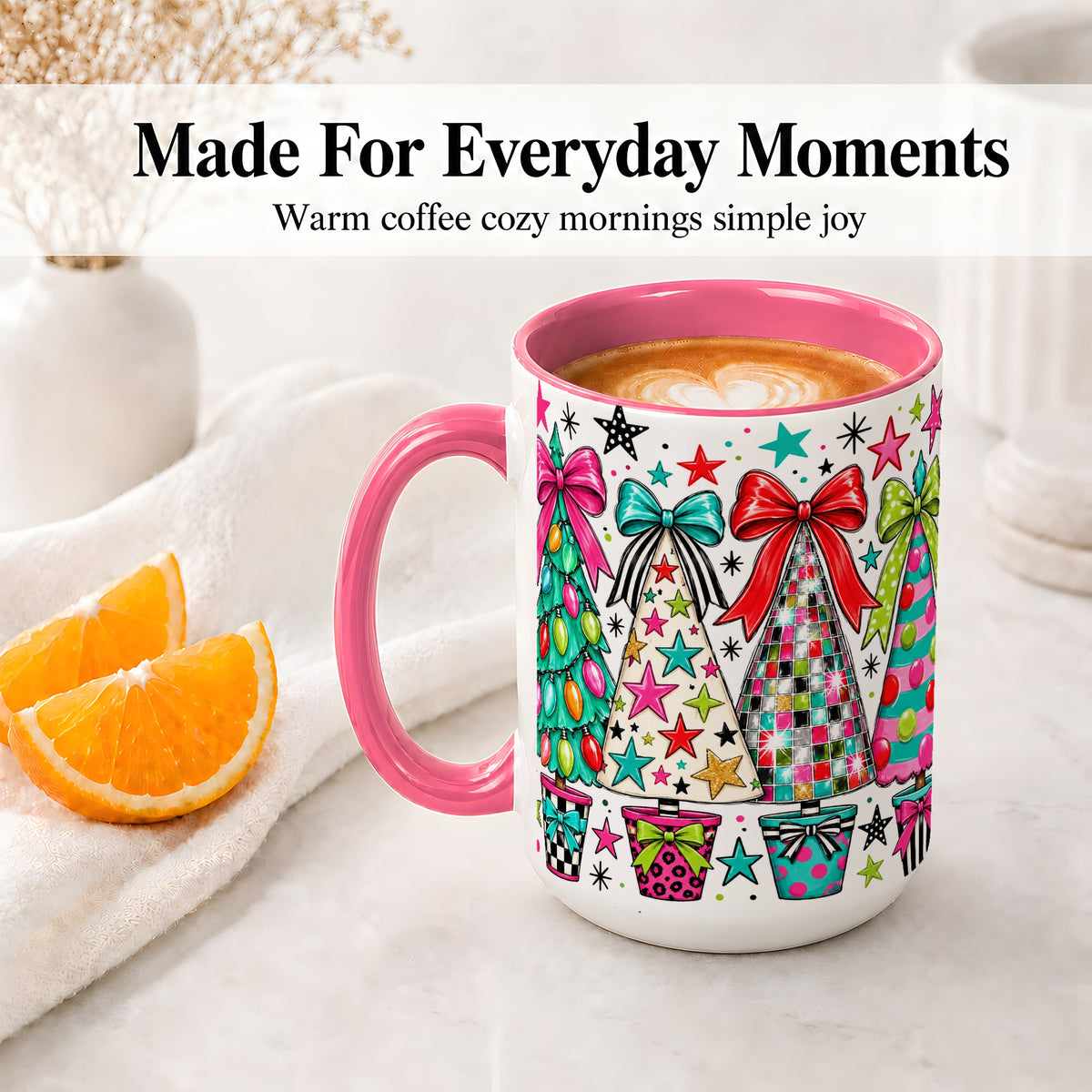 #pl[15oz|Pink] Colorful Bow Christmas Trees Ceramic Mug, Whimsical Holiday Design