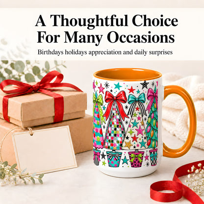 #pl[15oz|Orange] Colorful Bow Christmas Trees Ceramic Mug, Whimsical Holiday Design
