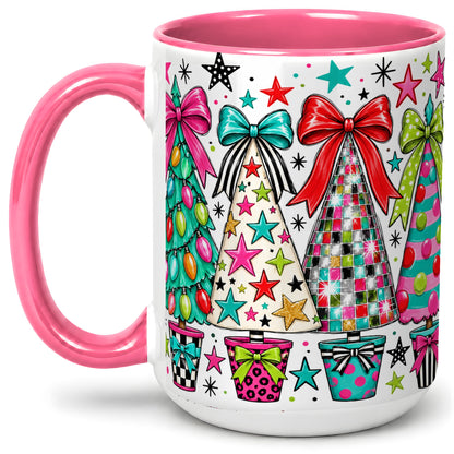 #pl[15oz|Pink] Colorful Bow Christmas Trees Ceramic Mug, Whimsical Holiday Design