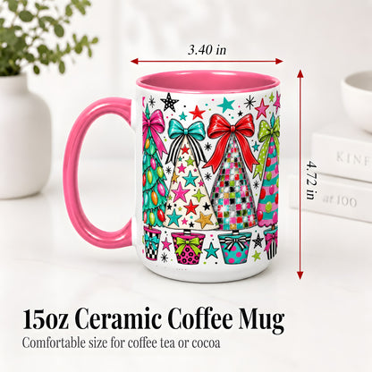 #pl[15oz|Pink] Colorful Bow Christmas Trees Ceramic Mug, Whimsical Holiday Design