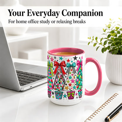 #pl[15oz|Pink] Colorful Bow Christmas Trees Ceramic Mug, Whimsical Holiday Design