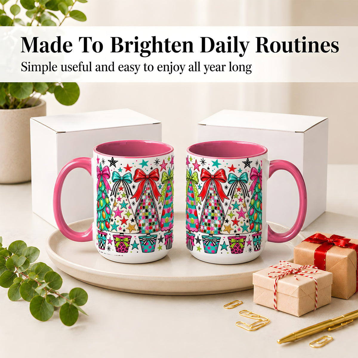 #pl[15oz|Pink] Colorful Bow Christmas Trees Ceramic Mug, Whimsical Holiday Design