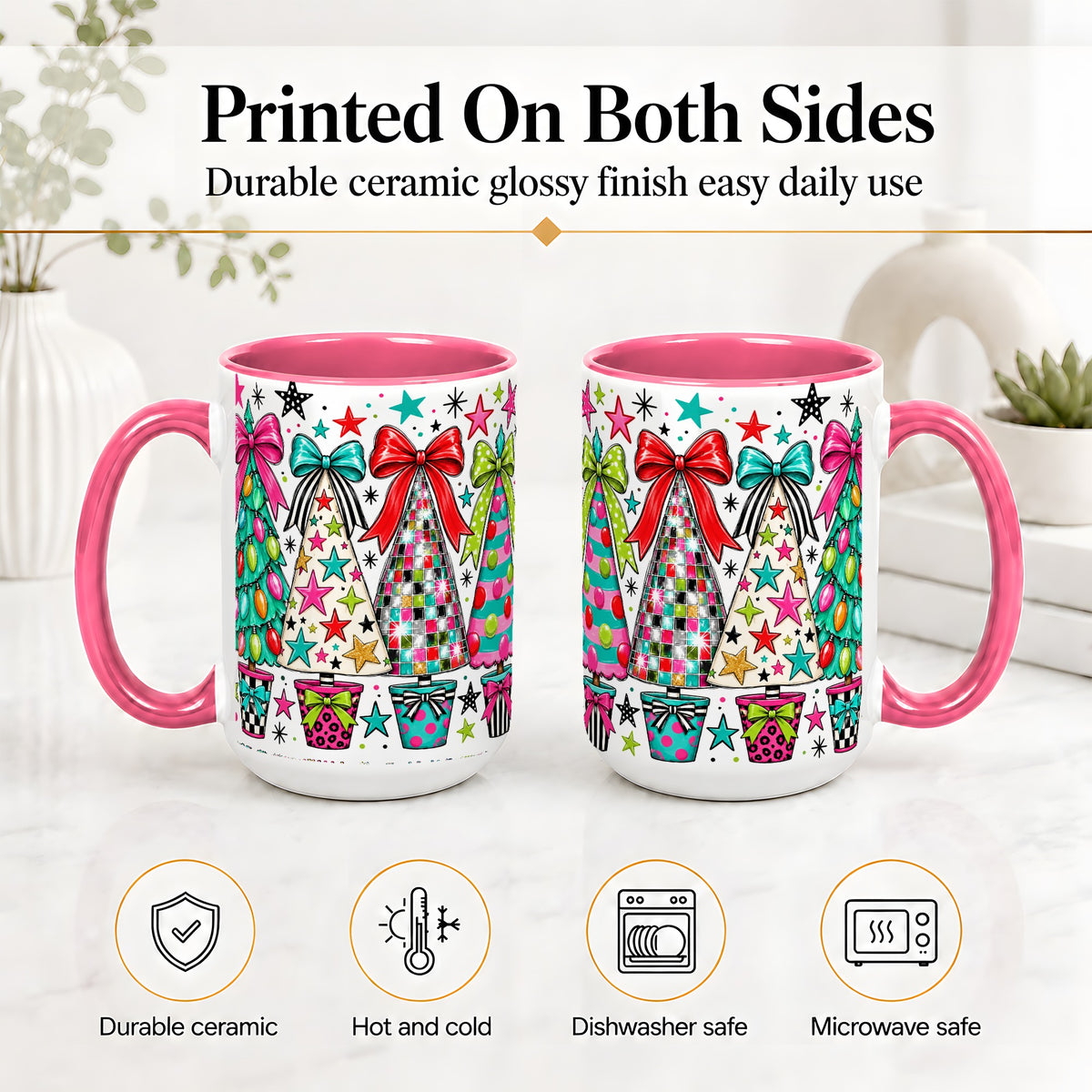 #pl[15oz|Pink] Colorful Bow Christmas Trees Ceramic Mug, Whimsical Holiday Design