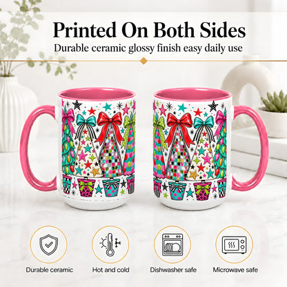#pl[15oz|Pink] Colorful Bow Christmas Trees Ceramic Mug, Whimsical Holiday Design