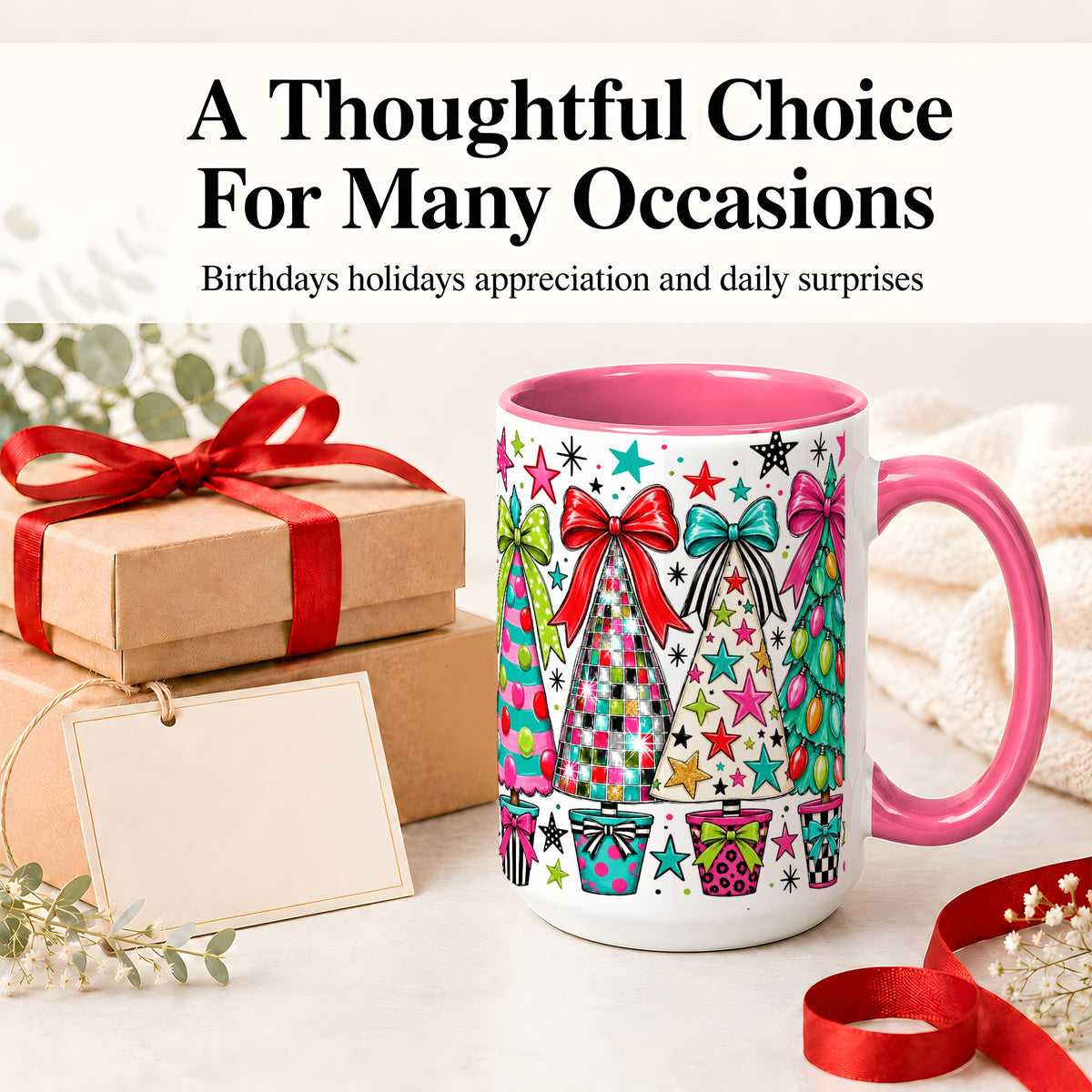 #pl[15oz|Pink] Colorful Bow Christmas Trees Ceramic Mug, Whimsical Holiday Design