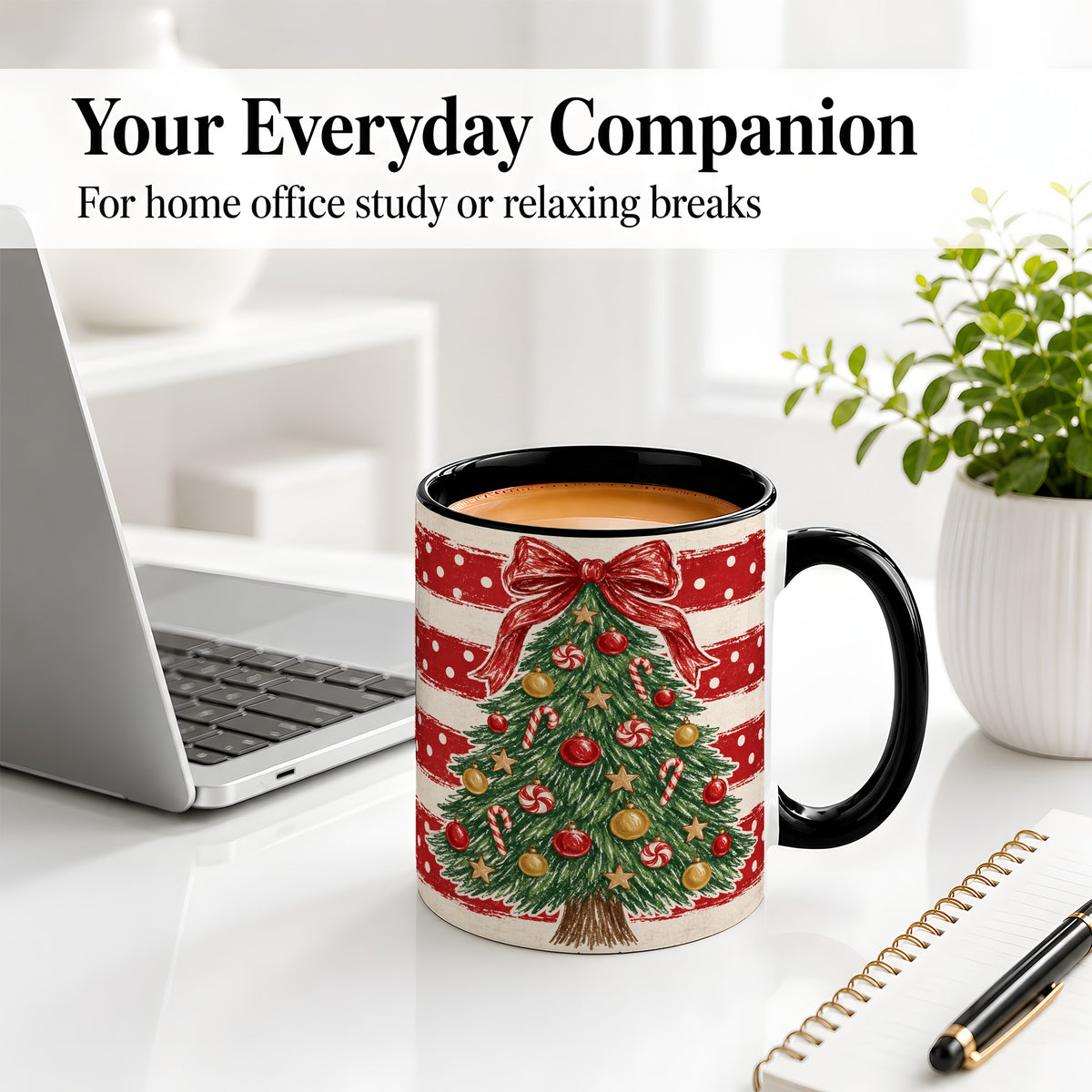 #pl[11oz|Black] Vintage Christmas Tree Ceramic Mug, Red Stripe Holiday Design