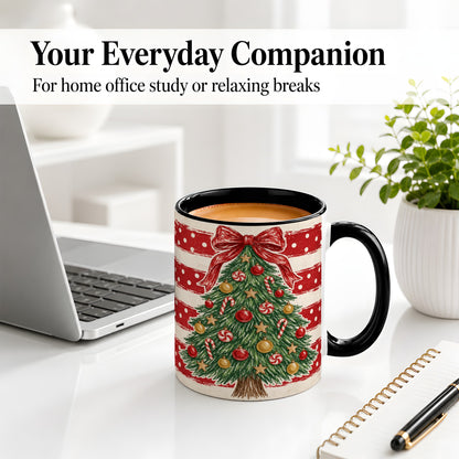 #pl[11oz|Black] Vintage Christmas Tree Ceramic Mug, Red Stripe Holiday Design