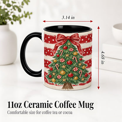 #pl[11oz|Black] Vintage Christmas Tree Ceramic Mug, Red Stripe Holiday Design