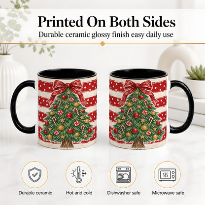 #pl[11oz|Black] Vintage Christmas Tree Ceramic Mug, Red Stripe Holiday Design