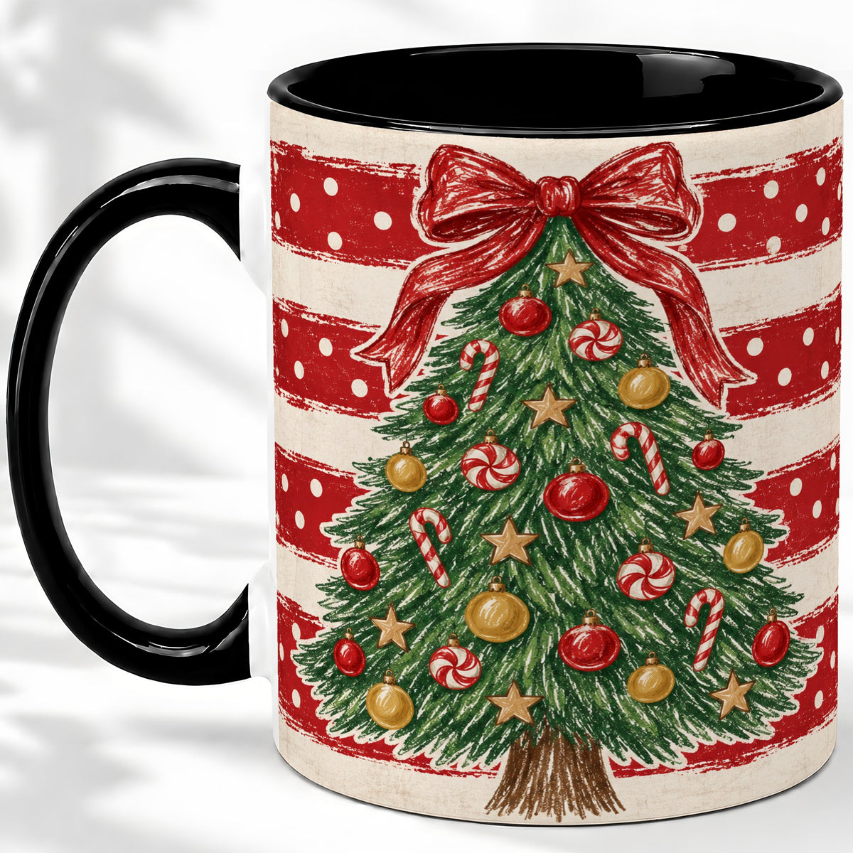 #pl[11oz|Black] Vintage Christmas Tree Ceramic Mug, Red Stripe Holiday Design