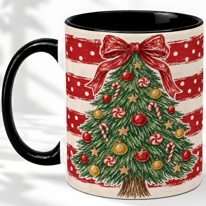 #pl[11oz|Black] Vintage Christmas Tree Ceramic Mug, Red Stripe Holiday Design