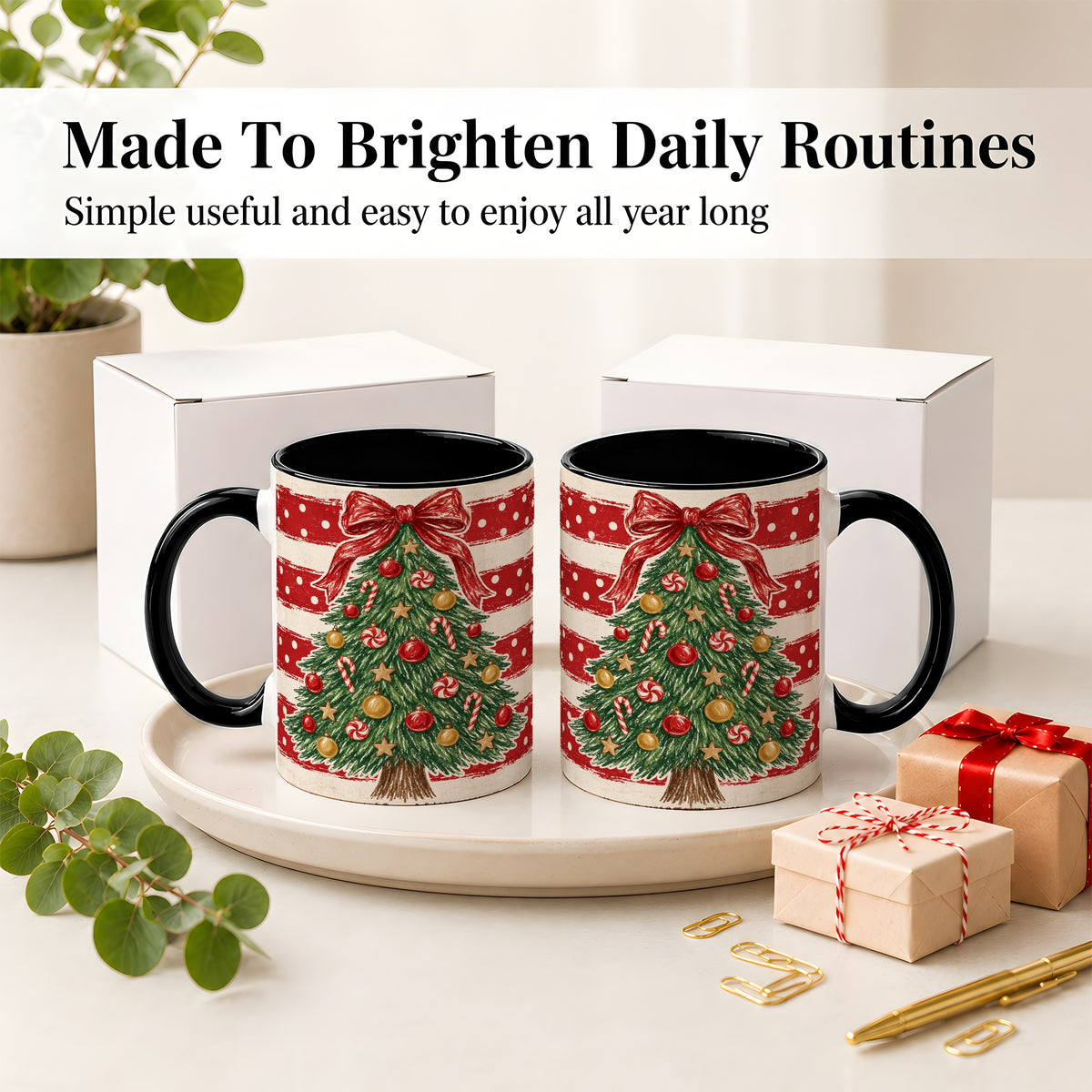 #pl[11oz|Black] Vintage Christmas Tree Ceramic Mug, Red Stripe Holiday Design