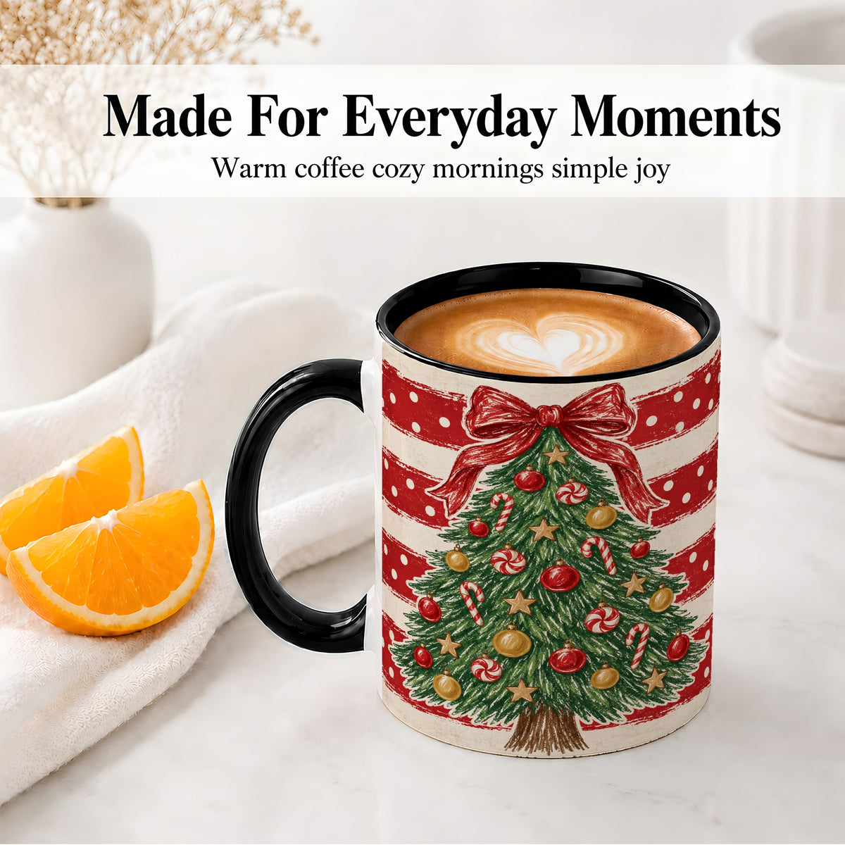 #pl[11oz|Black] Vintage Christmas Tree Ceramic Mug, Red Stripe Holiday Design