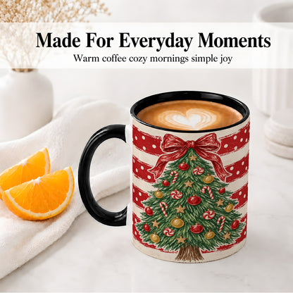 #pl[11oz|Black] Vintage Christmas Tree Ceramic Mug, Red Stripe Holiday Design