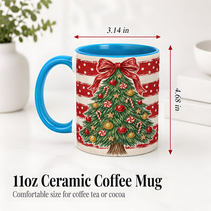 #pl[11oz|Blue] Vintage Christmas Tree Ceramic Mug, Red Stripe Holiday Design